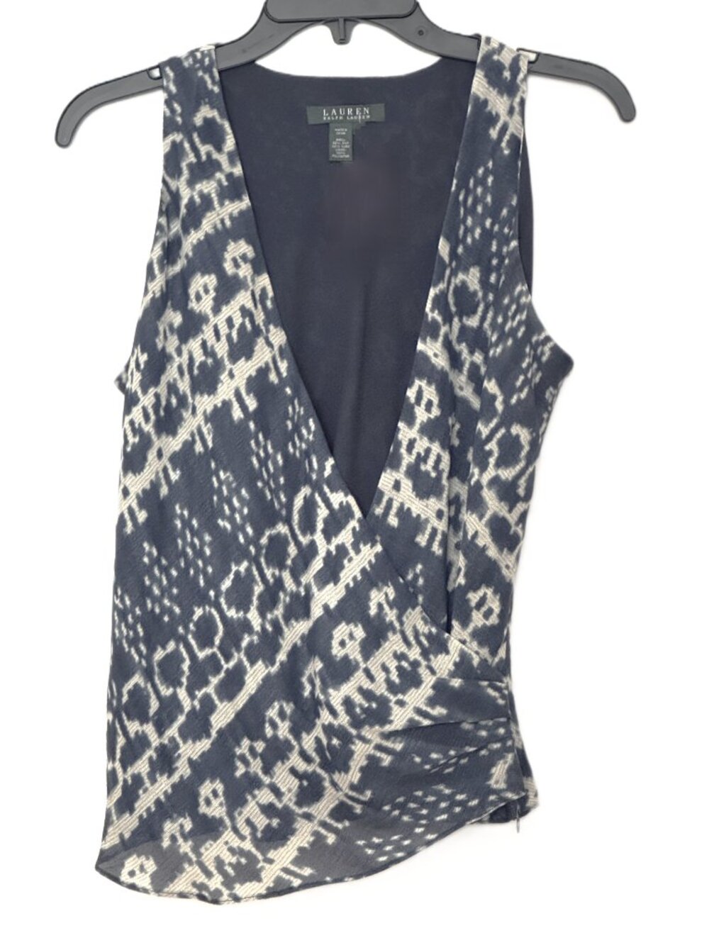 Lauren Ralph Lauren Silk Linen Ikat Top 6 S Faux Wrap Ruched Side Zip Blouse